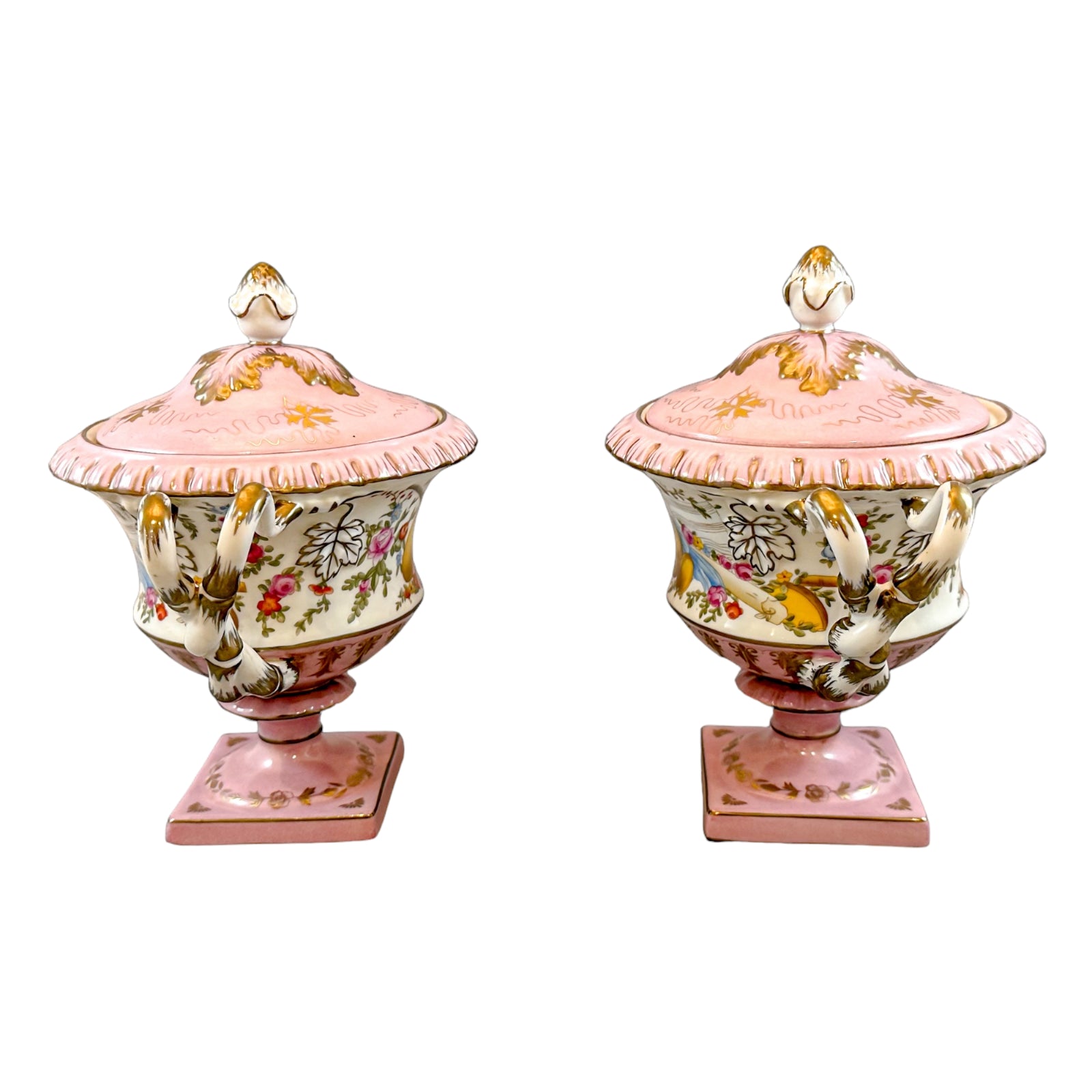 Rococo pair of Sèvres style ceramic blush pink pedestal lidded tureens