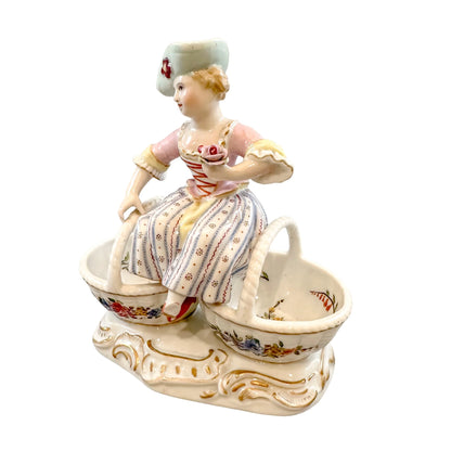 Rococo German Dresden porcelain double open bonbon / salt cellar, "Girl with baskets"