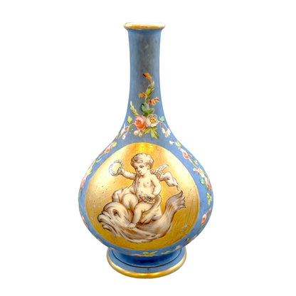 French 19th Century onion-shaped blue porcelain vase of cherub riding sea monster