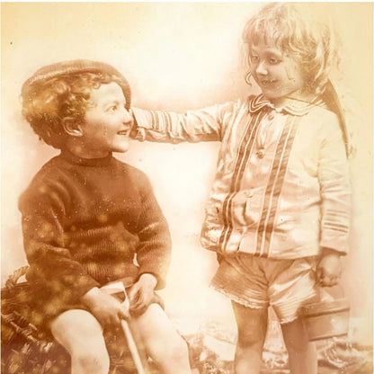Victorian pair of wall ambrotype photos in gilt brass frames of small children “Bless my heart how cold it is”