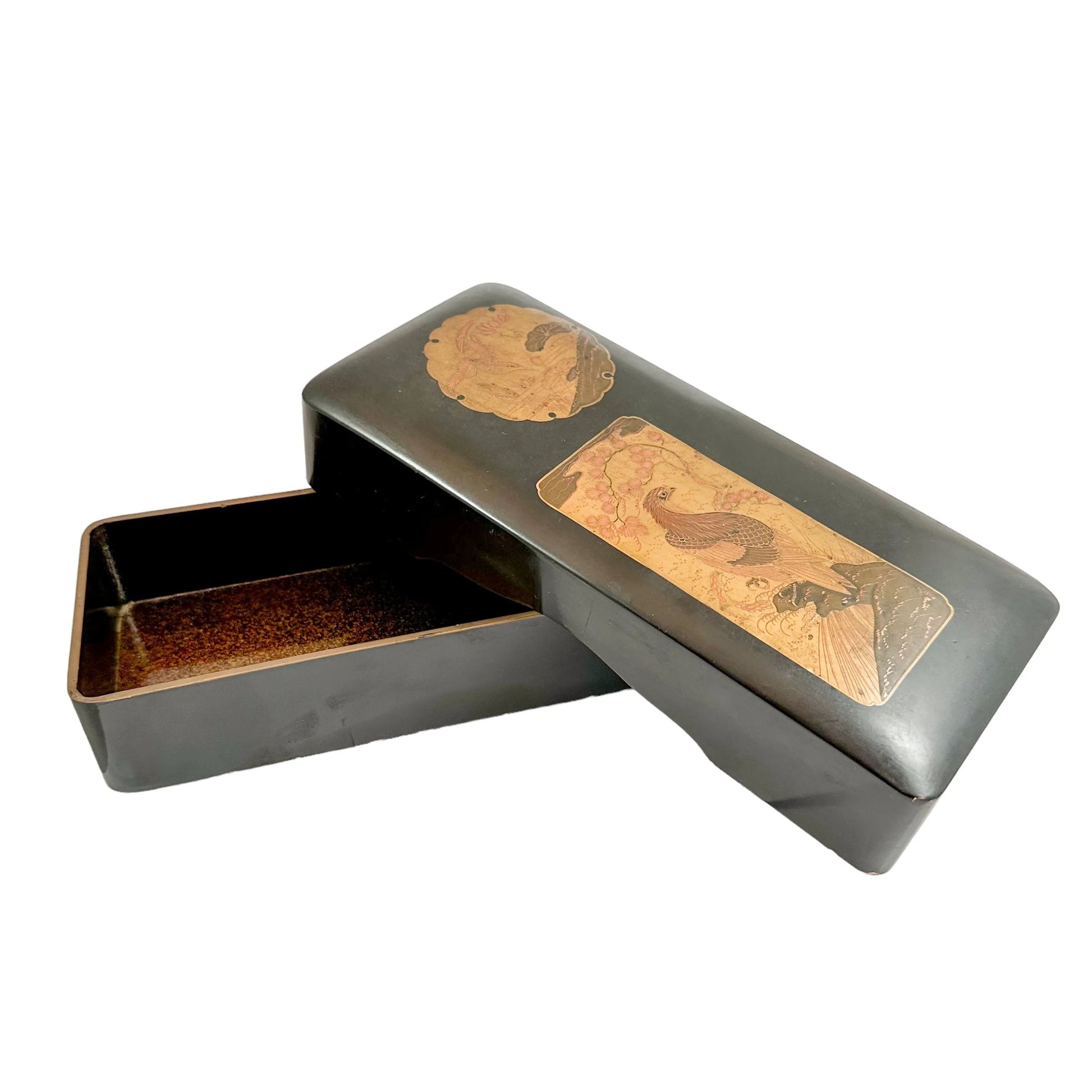 Japanese Meiji black lacquer document box, gold takamaki-e crane and bird of prey design