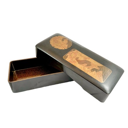 Japanese Meiji black lacquer document box, gold takamaki-e crane and bird of prey design