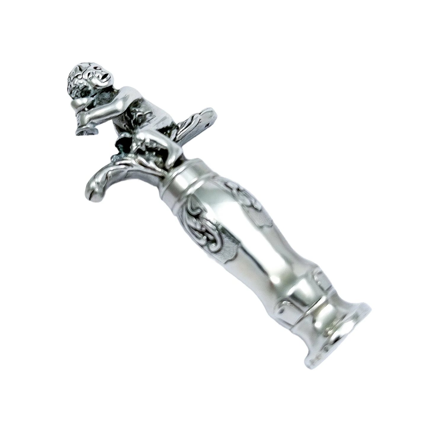Large Dutch solid silver figural corkscrew of Bacchus / Cupid drinking wine