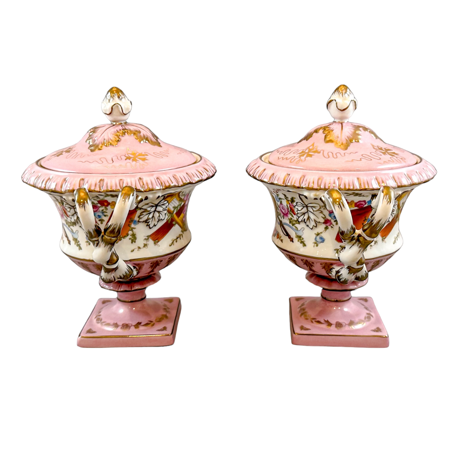 Rococo pair of Sèvres style ceramic blush pink pedestal lidded tureens
