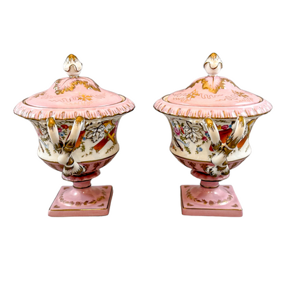 Rococo pair of Sèvres style ceramic blush pink pedestal lidded tureens