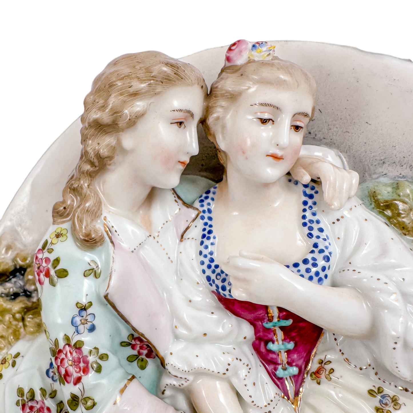 Pair early 19th Century porcelain Meissen style continental wall plaques, romantic scenes with lovers