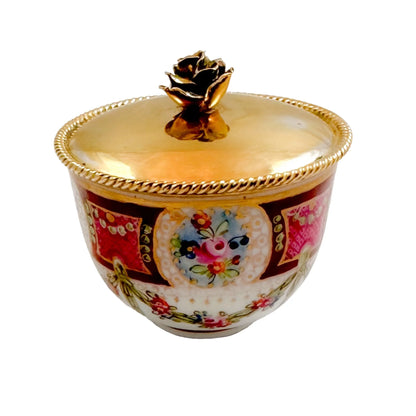 18th century floral Rococo Meissen Marcolini sucrier, gilt silver lid and saucer