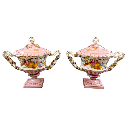 Rococo pair of Sèvres style ceramic blush pink pedestal lidded tureens