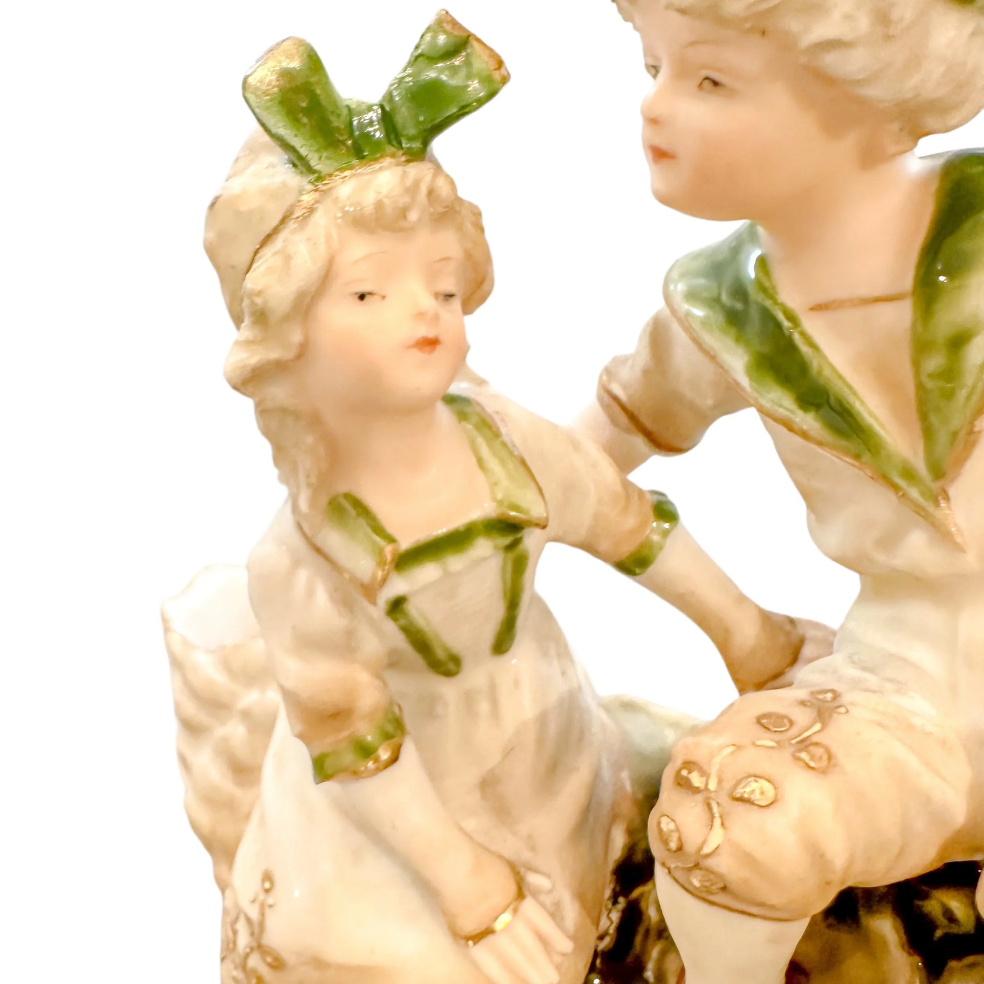 Art Nouveau Ernst Wahliss figural double spill vase centrepiece with boy and girl