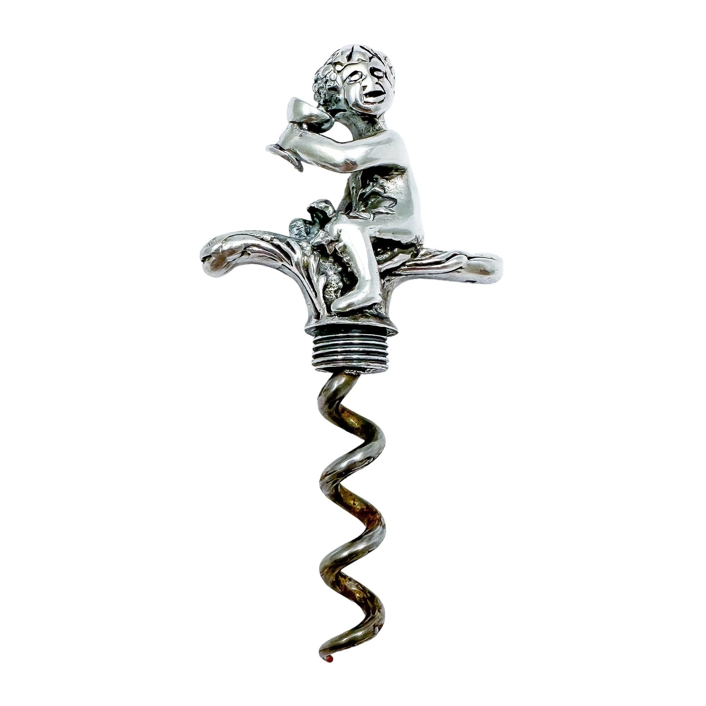 Large Dutch solid silver figural corkscrew of Bacchus / Cupid drinking wine