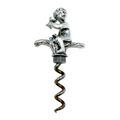 Large Dutch solid silver figural corkscrew of Bacchus / Cupid drinking wine
