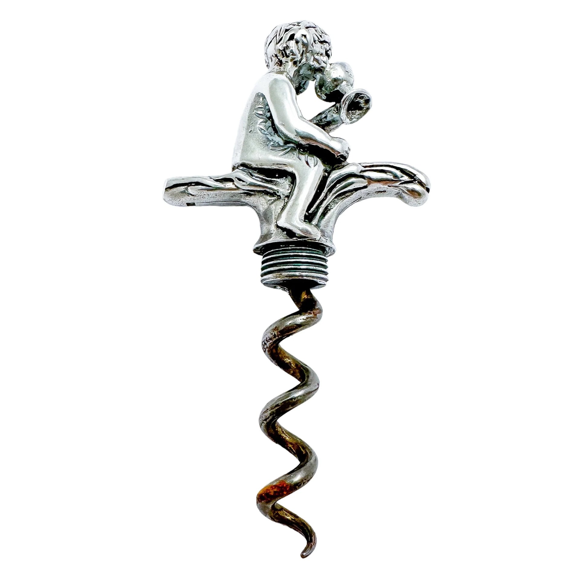 Large Dutch solid silver figural corkscrew of Bacchus / Cupid drinking wine