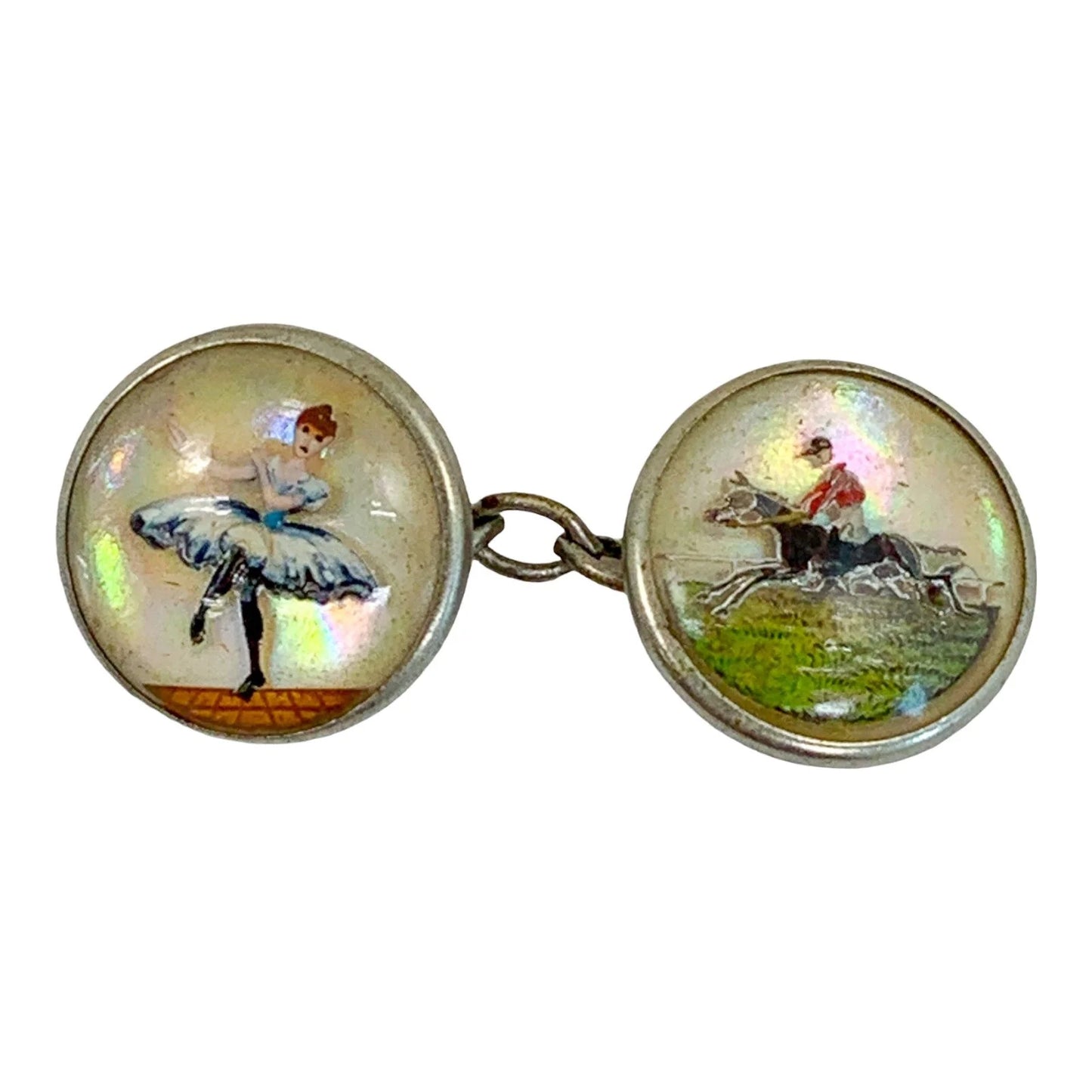 Edwardian reverse painted intaglio Essex crystal and mother-of-pearl cufflink of ballerina and jockey on horse