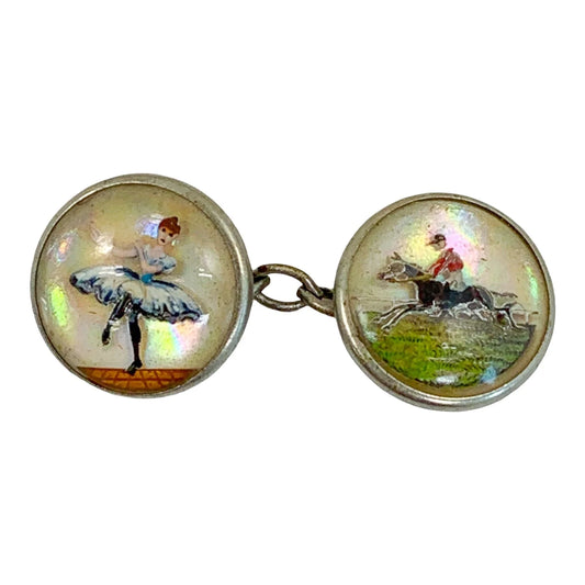 Edwardian reverse painted intaglio Essex crystal and mother-of-pearl cufflink of ballerina and jockey on horse