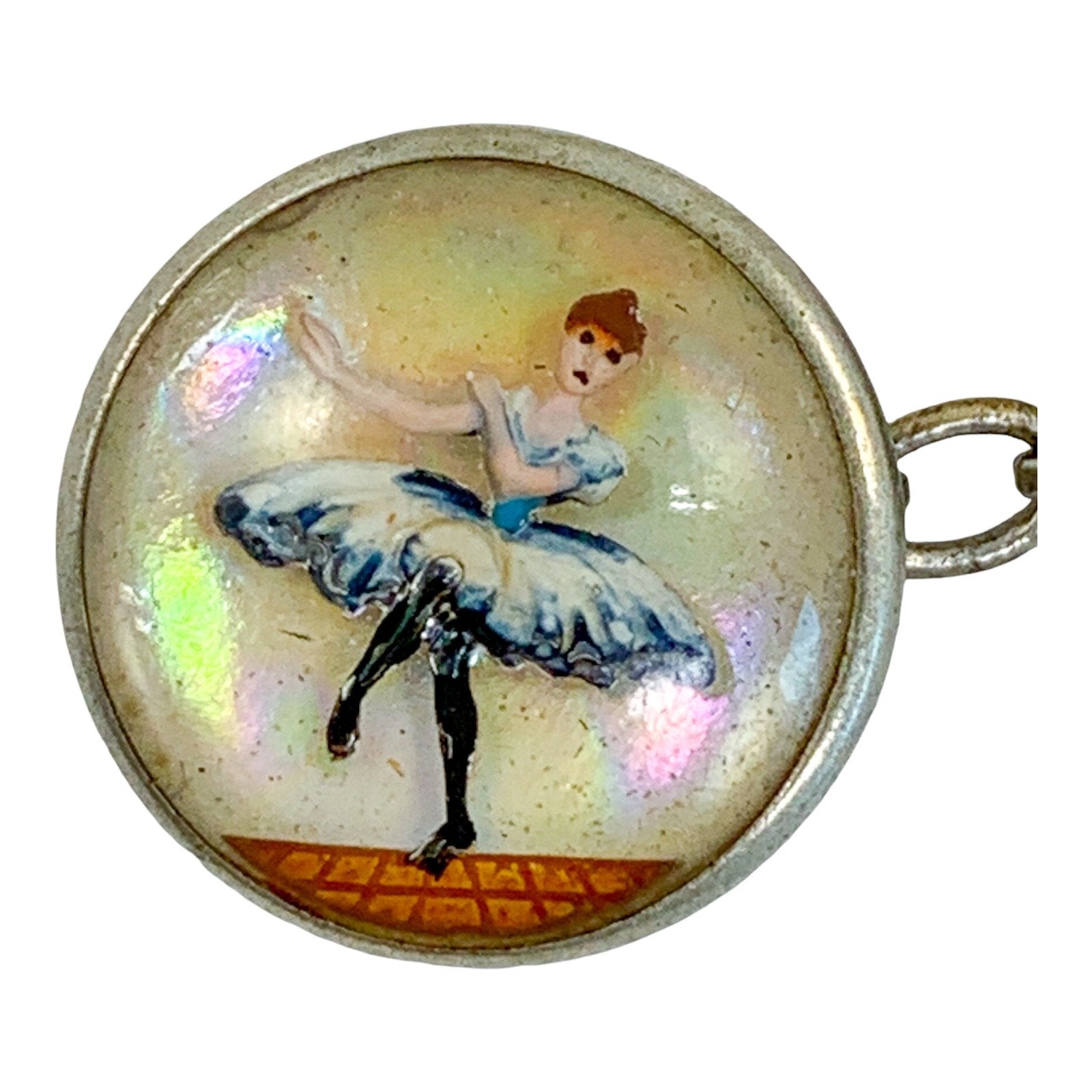 Edwardian reverse painted intaglio Essex crystal and mother-of-pearl cufflink of ballerina and jockey on horse