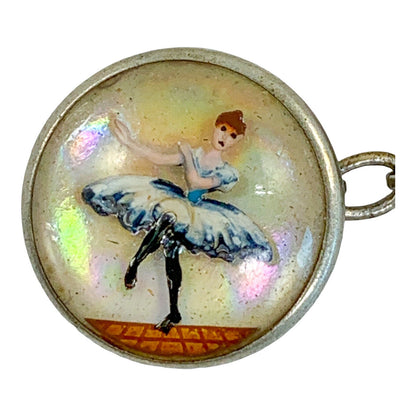 Edwardian reverse painted intaglio Essex crystal and mother-of-pearl cufflink of ballerina and jockey on horse