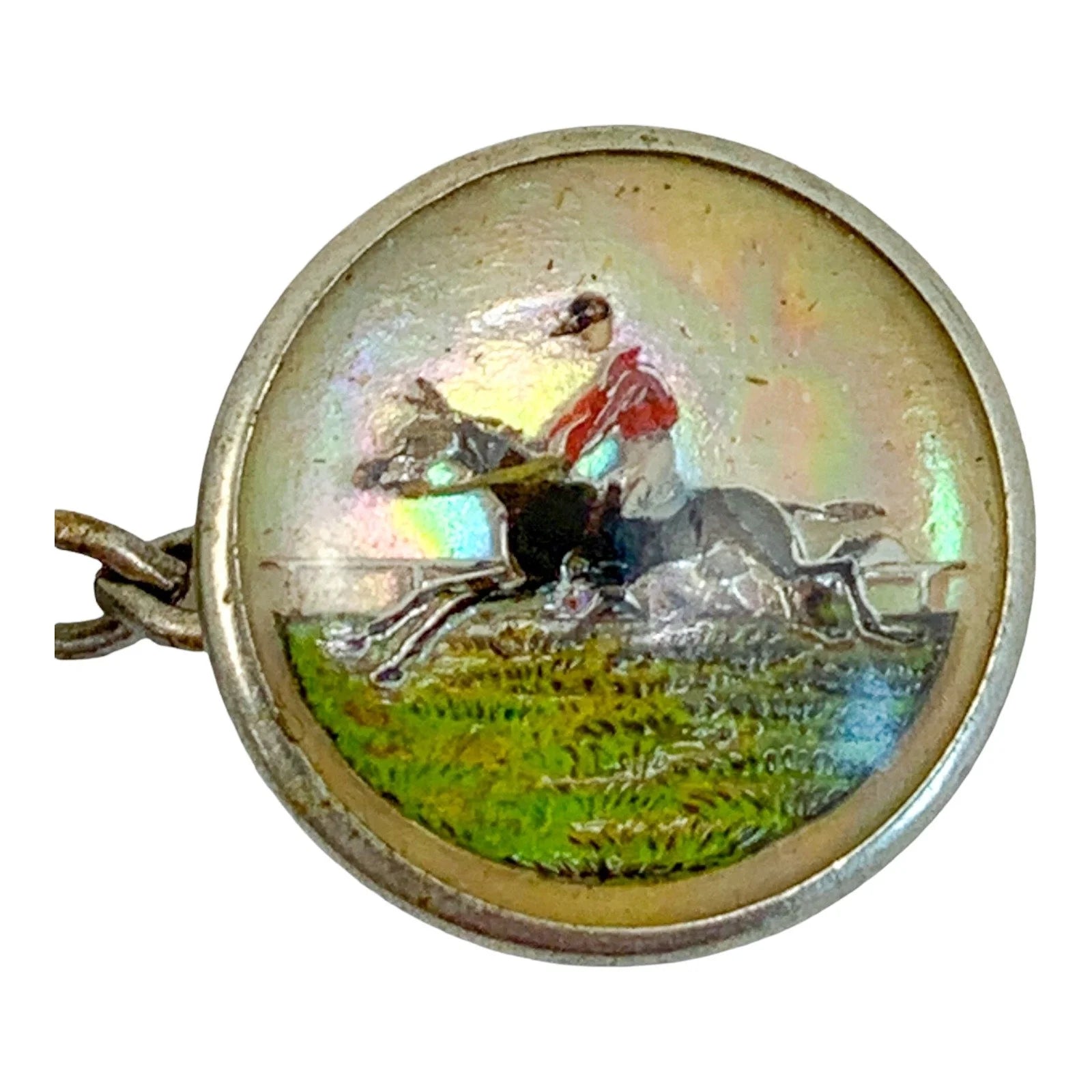 Edwardian reverse painted intaglio Essex crystal and mother-of-pearl cufflink of ballerina and jockey on horse