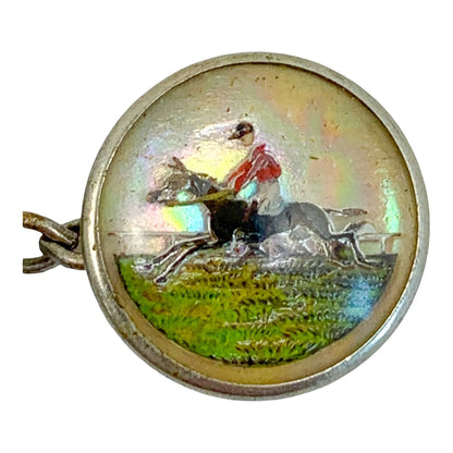 Edwardian reverse painted intaglio Essex crystal and mother-of-pearl cufflink of ballerina and jockey on horse