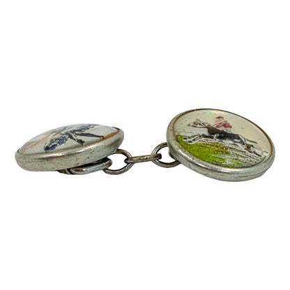 Edwardian reverse painted intaglio Essex crystal and mother-of-pearl cufflink of ballerina and jockey on horse