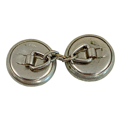 Edwardian reverse painted intaglio Essex crystal and mother-of-pearl cufflink of ballerina and jockey on horse