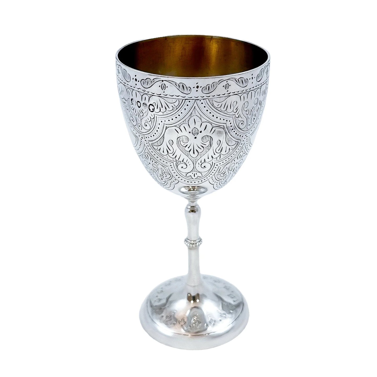 Mid-Victorian sterling silver chalice with arabesque motif, inscribed "Suzanne"