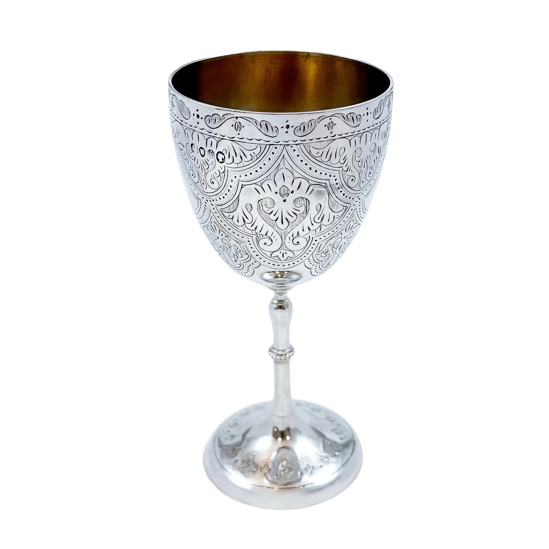 Mid-Victorian sterling silver chalice with arabesque motif, inscribed "Suzanne"