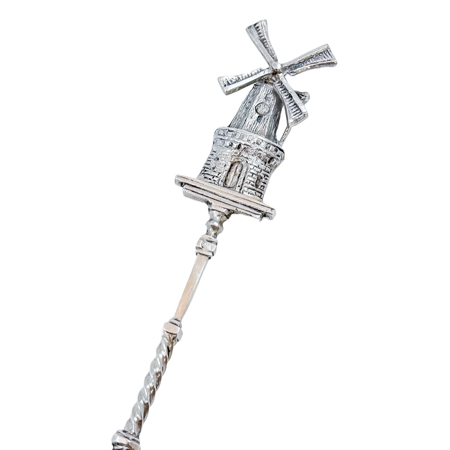 19th century Dutch silver tea strainer spoon with pastoral scene and windmill finial