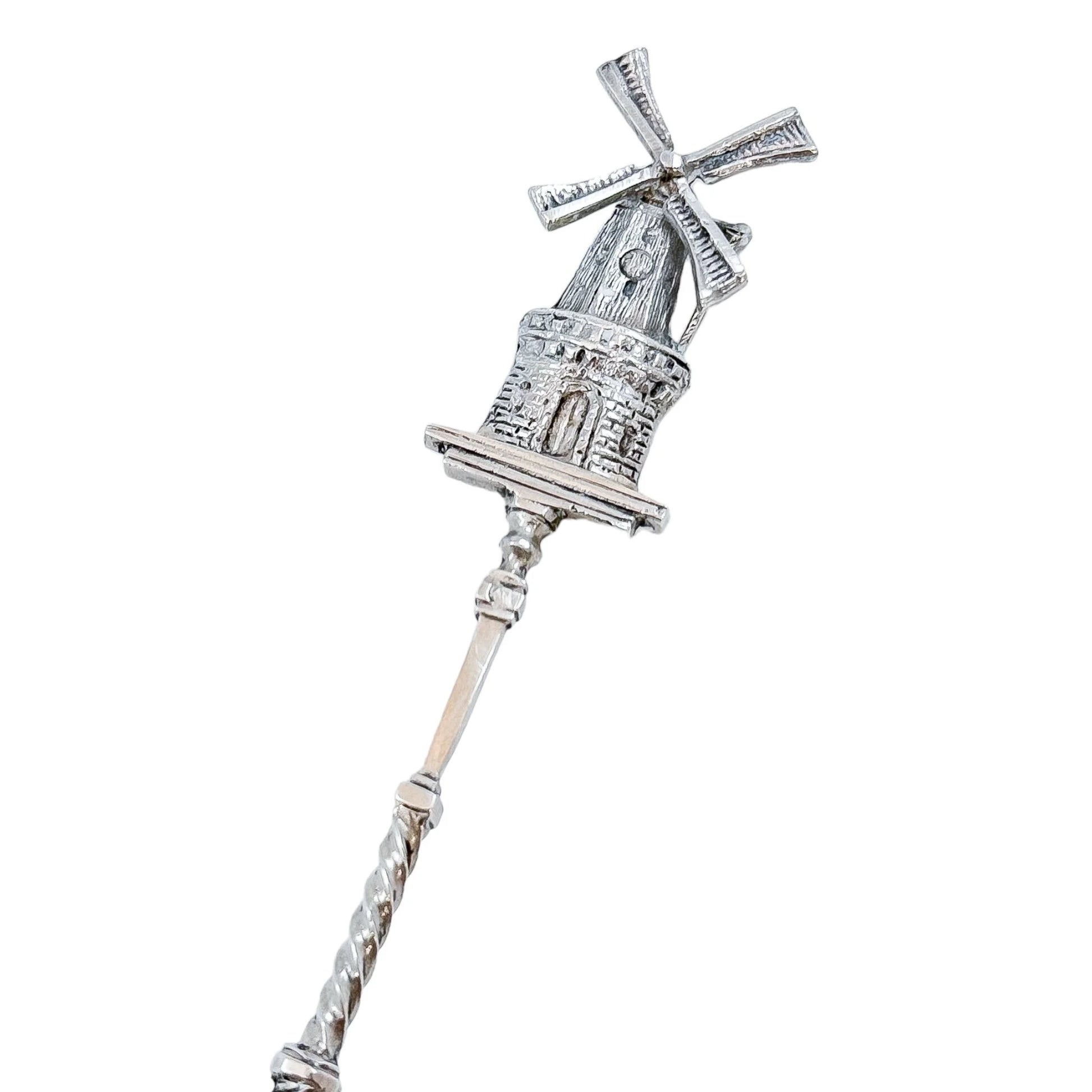 19th century Dutch silver tea strainer spoon with pastoral scene and windmill finial
