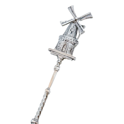 19th century Dutch silver tea strainer spoon with pastoral scene and windmill finial