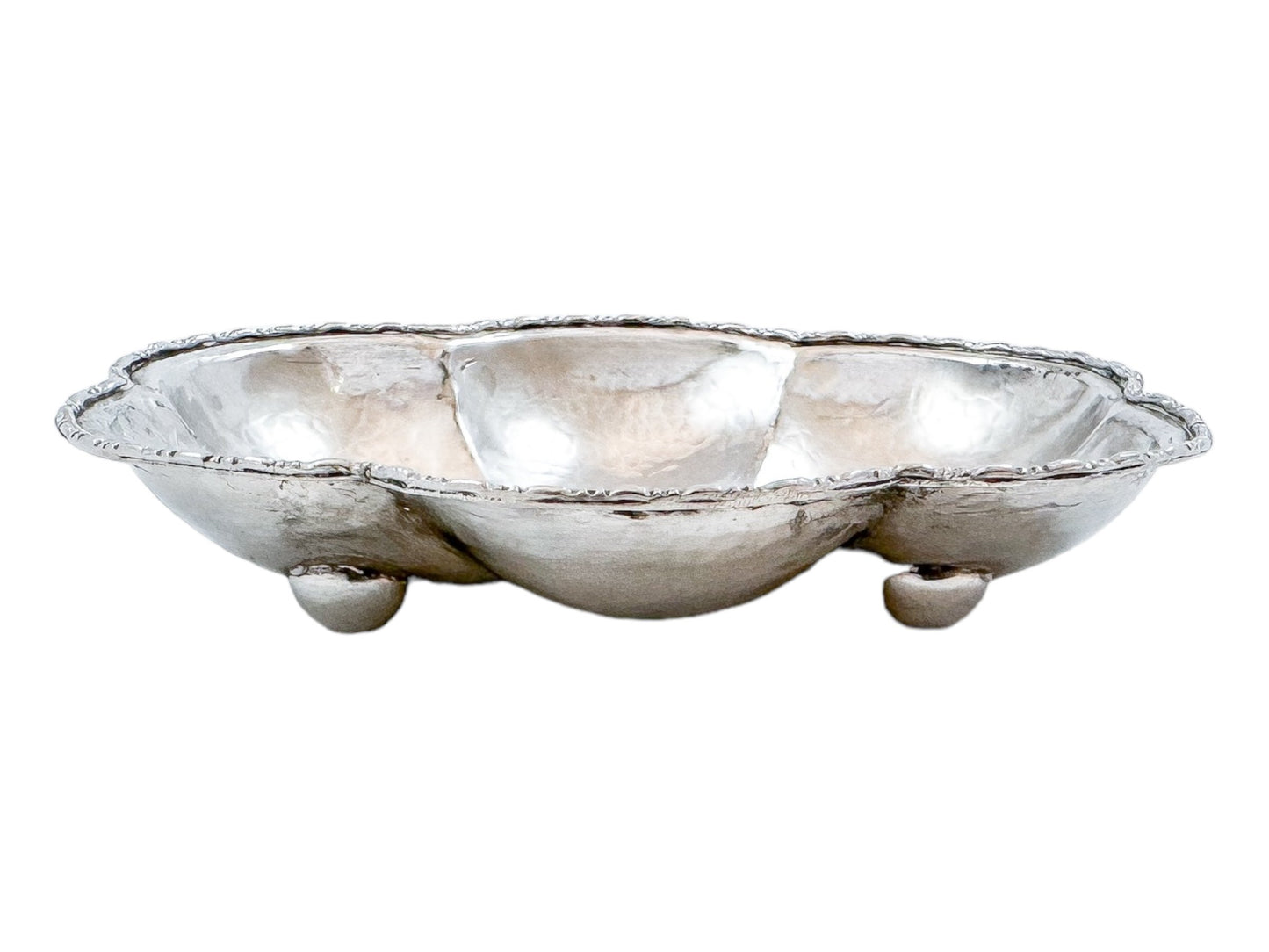 Victorian hand-hammered silver lobed hexagonal sweetmeat bowl / bonbon dish