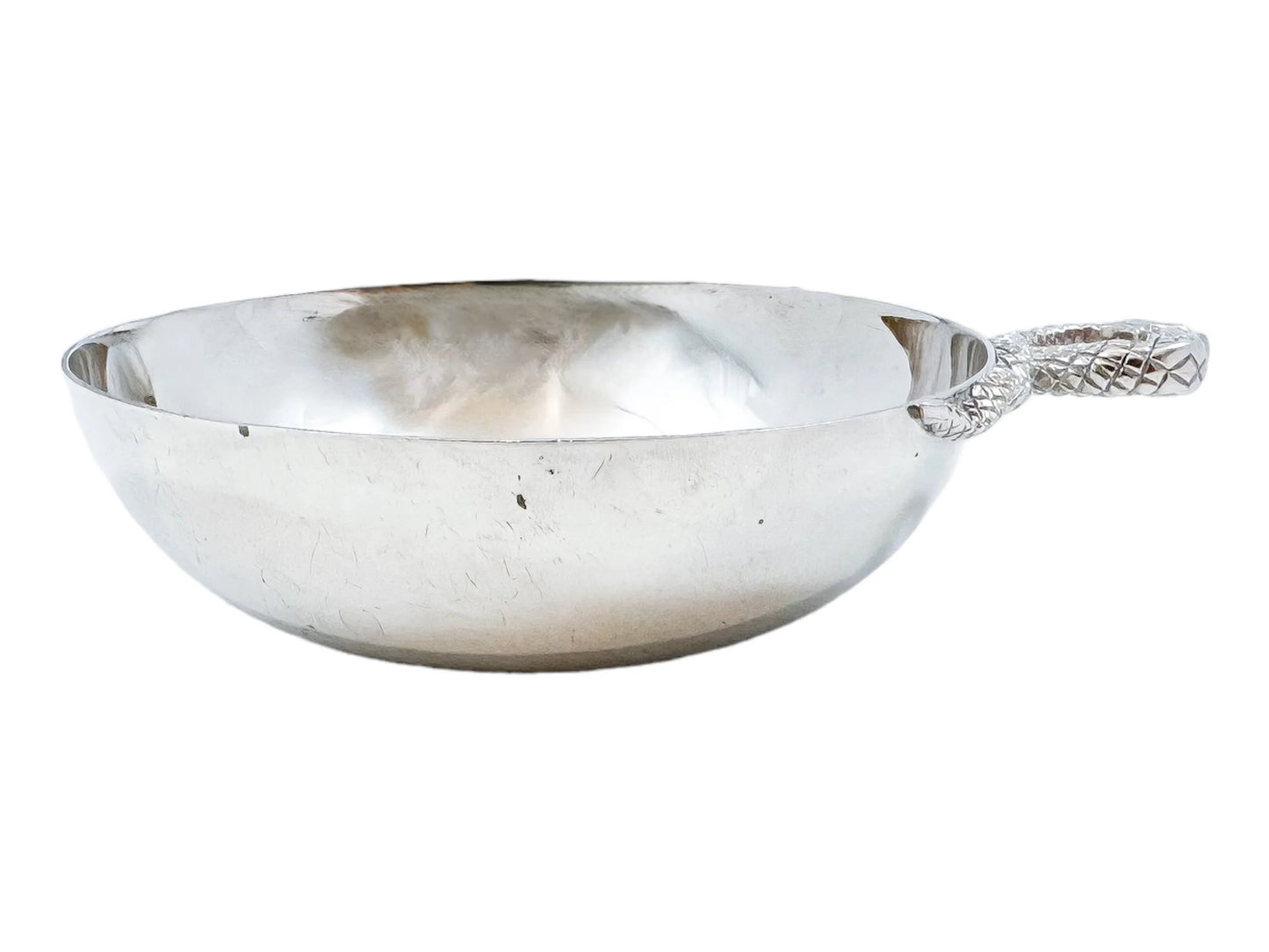 Elizabeth II sterling silver wine taster / sommelier cup with twin serpent handle