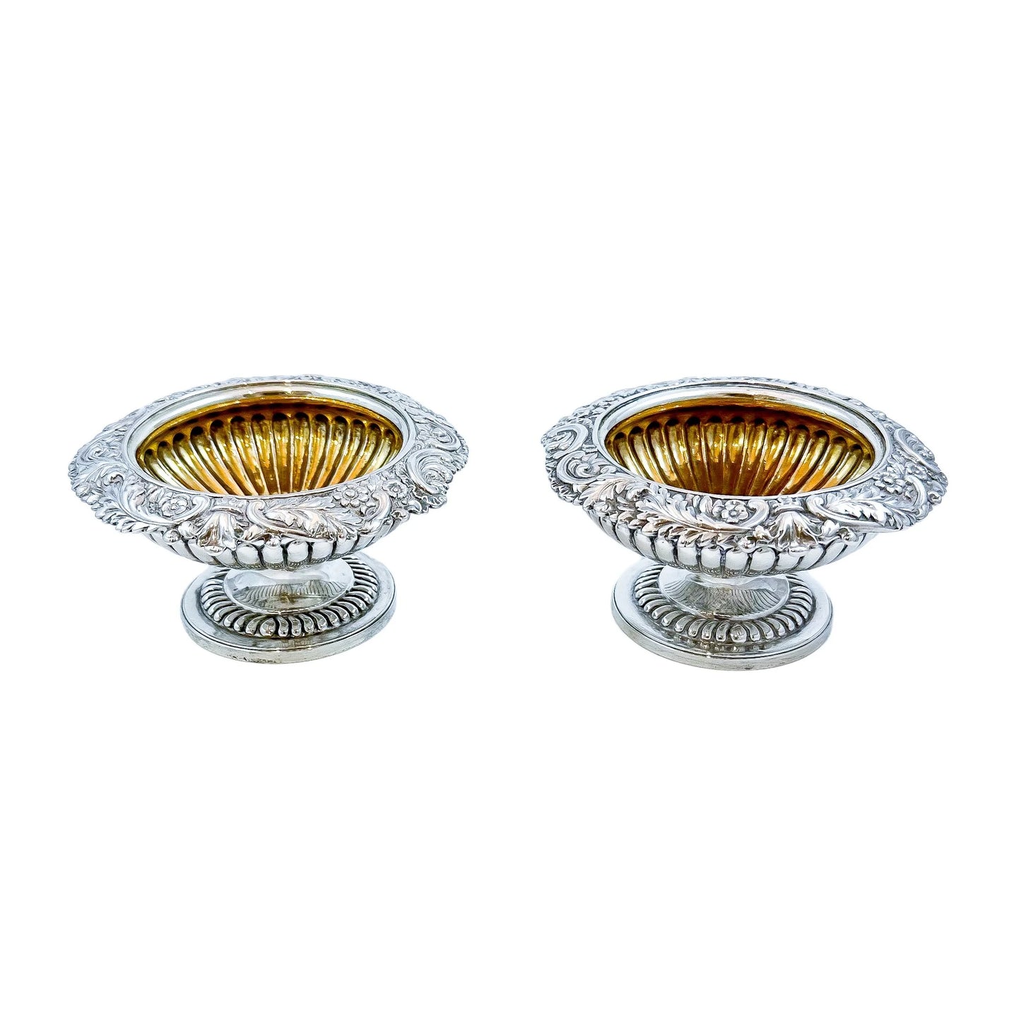 Pair of George III sterling silver gilt pedestal open salts, Rebecca Emes (rare woman silversmith)