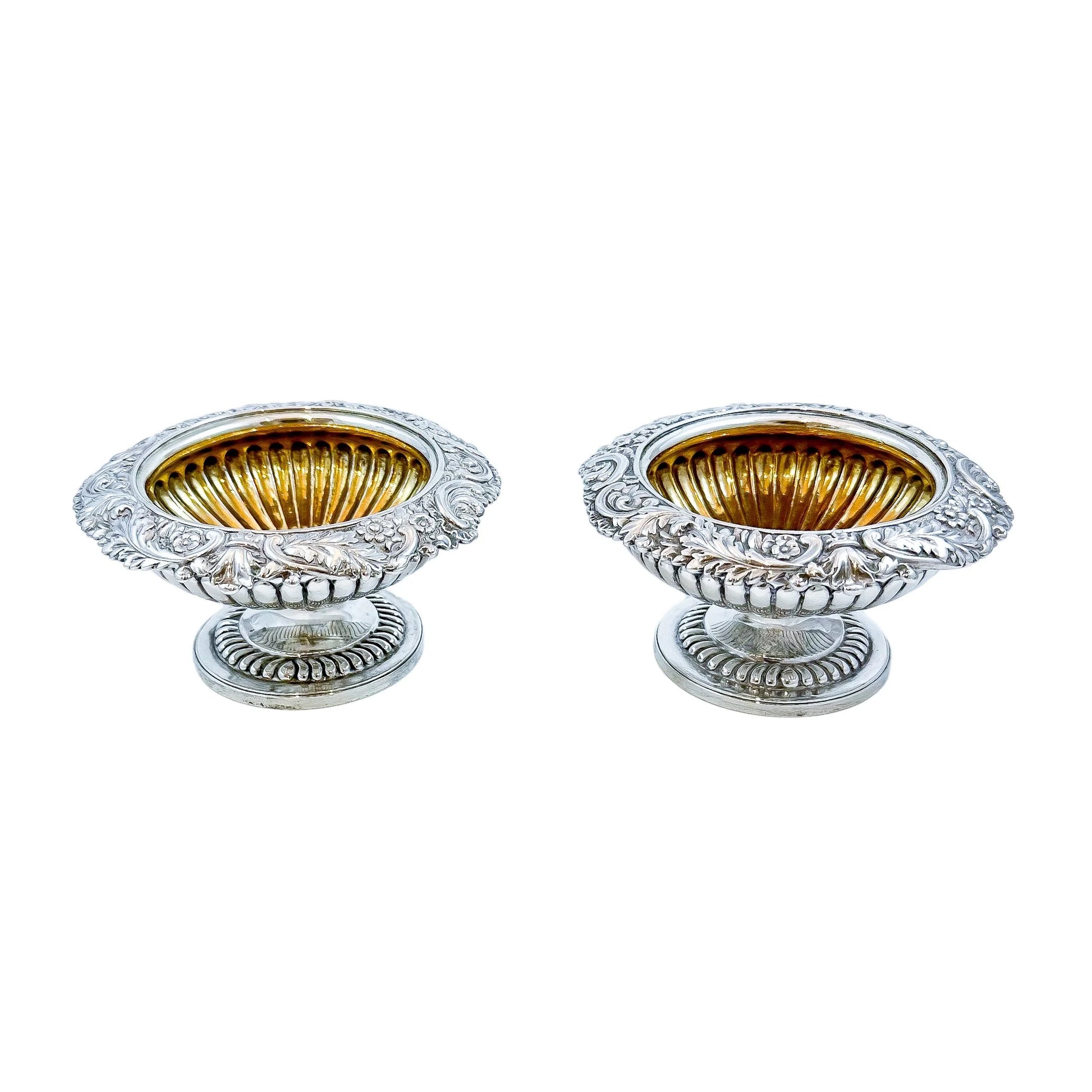 Pair of George III sterling silver gilt pedestal open salts, Rebecca Emes (rare woman silversmith)