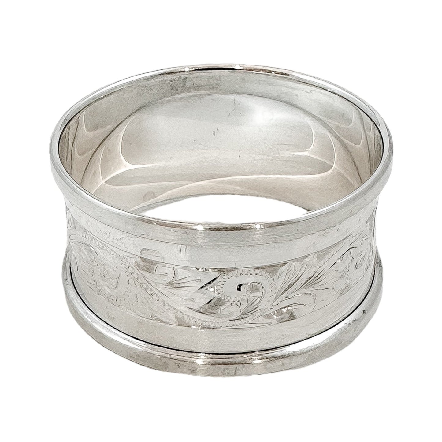 Vintage boxed sterling silver napkin ring with Art Nouveau motif and vacant cartouche