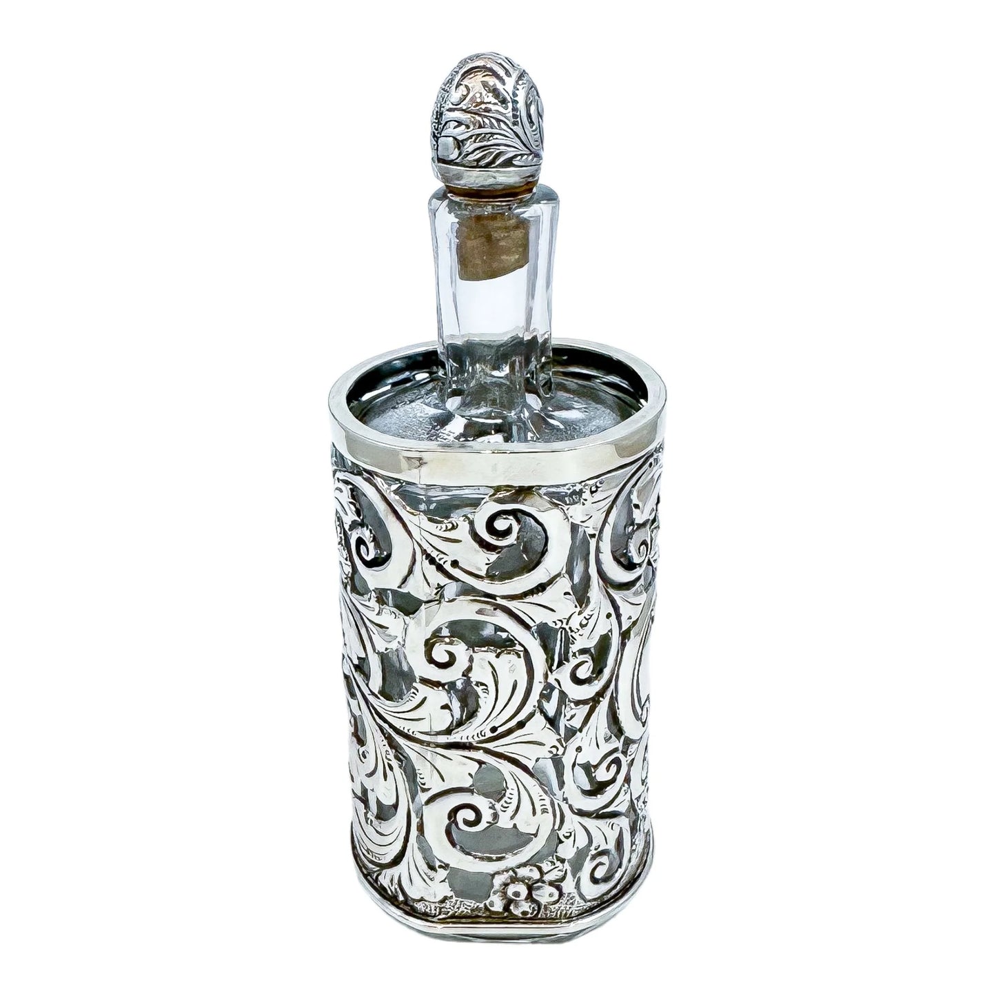 Large Victorian glass perfume scent bottle in Art Nouveau sterling silver pierced sleeve