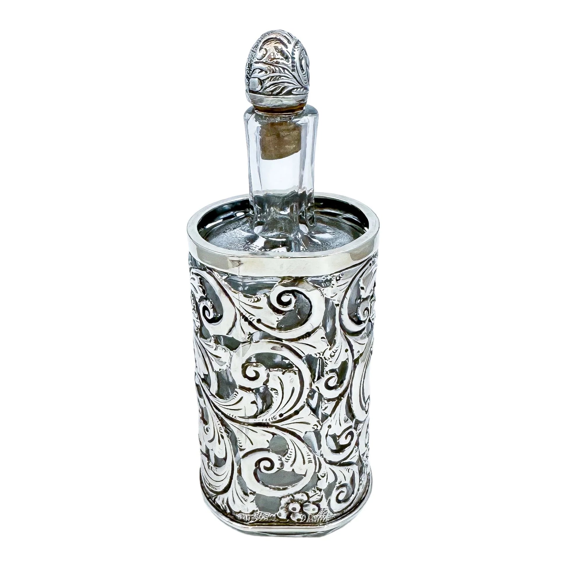 Large Victorian glass perfume scent bottle in Art Nouveau sterling silver pierced sleeve