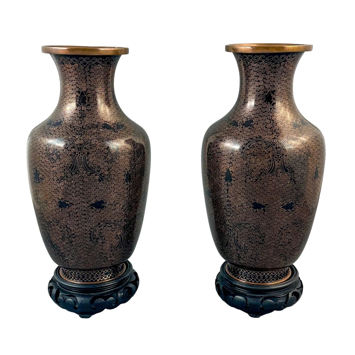 Chinese Qing dynasty pair black brass cloisonné enamel vases on stands