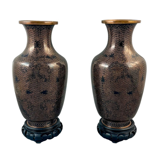 Chinese Qing dynasty pair black brass cloisonné enamel vases on stands