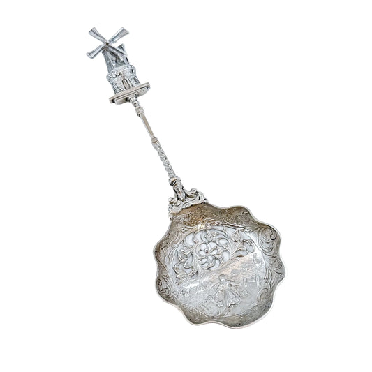 19th century Dutch silver tea strainer spoon with pastoral scene and windmill finial