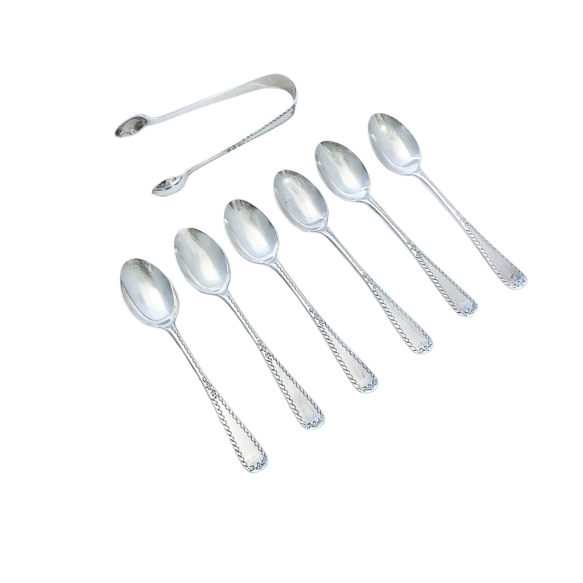 Edwardian cased set of 6 sterling silver tea or coffee spoons with sugar tongs