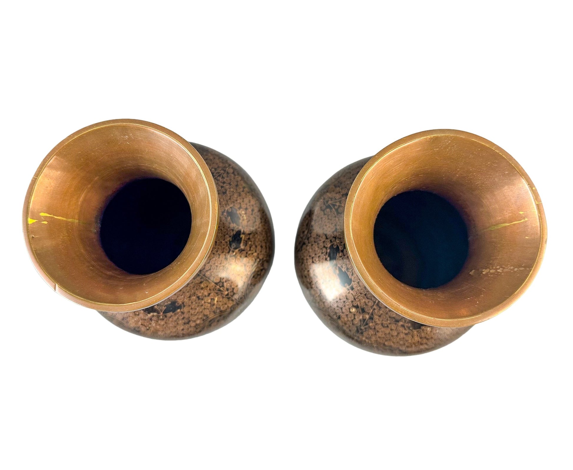 Chinese Qing dynasty pair black brass cloisonné enamel vases on stands