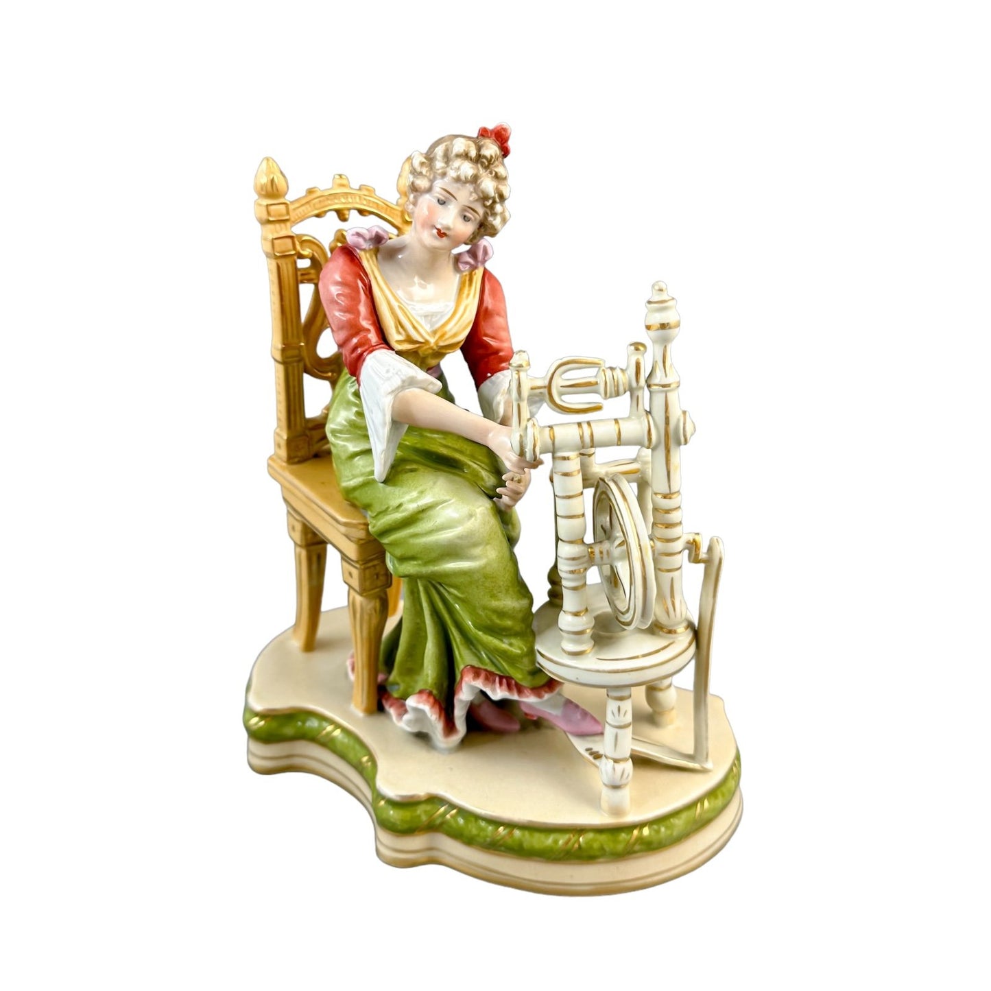 Sitzendorf porcelain figurine, "Woman at Spinning Wheel"