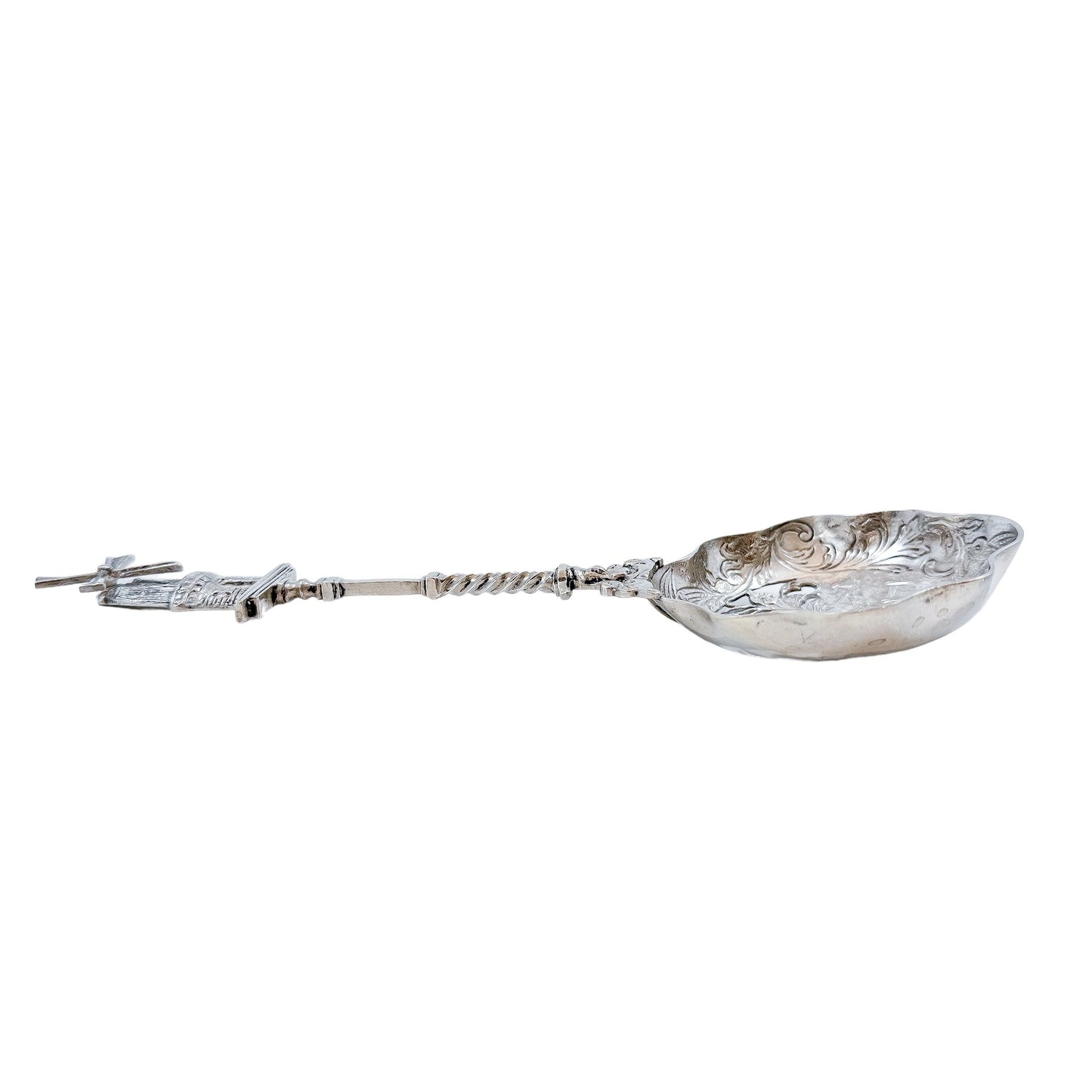 19th century Dutch silver tea strainer spoon with pastoral scene and windmill finial