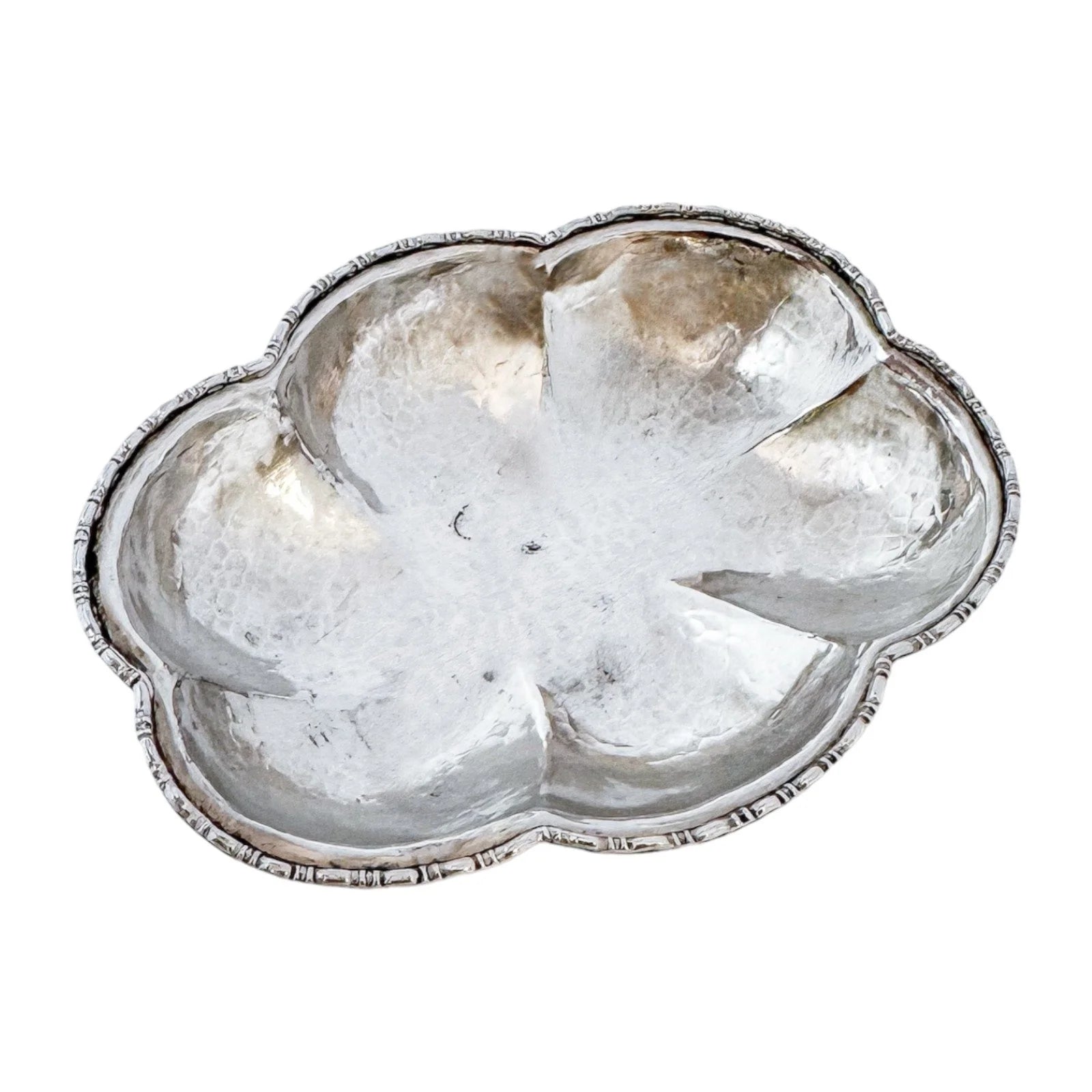 Victorian hand-hammered silver lobed hexagonal sweetmeat bowl / bonbon dish