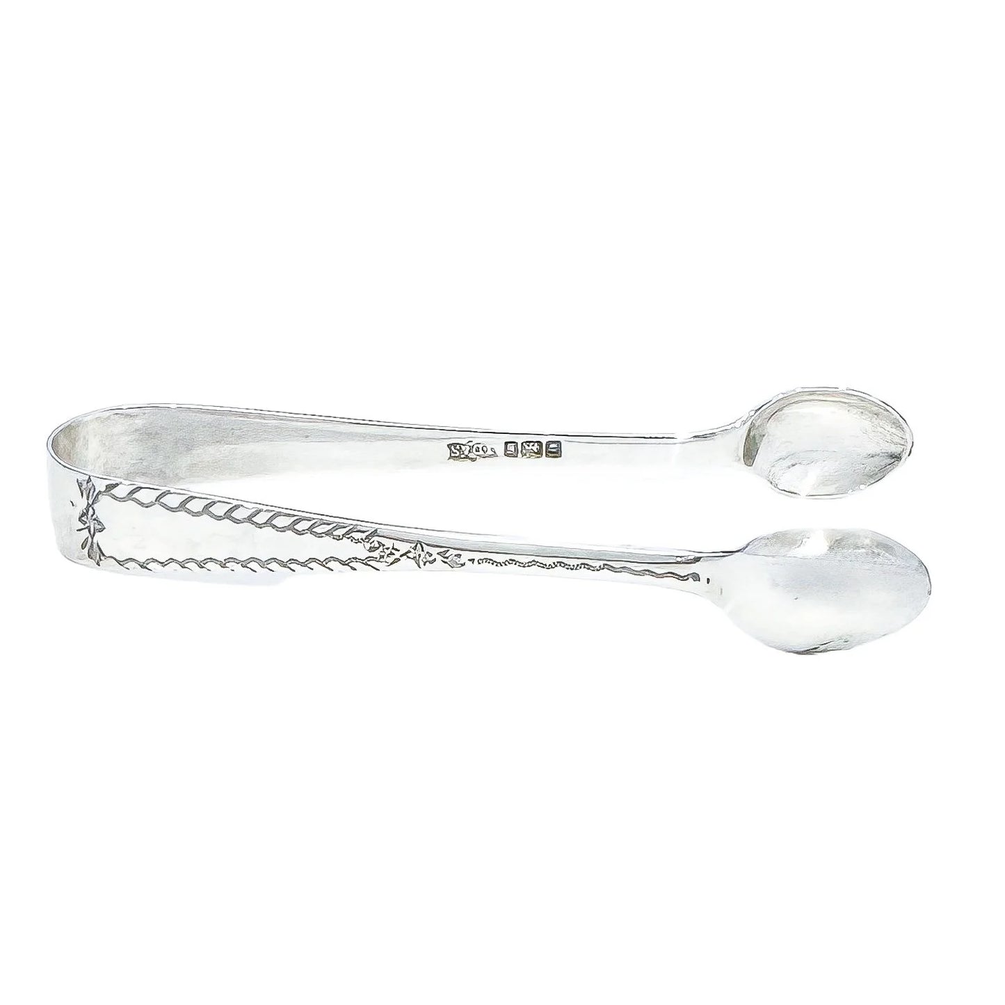 Edwardian cased set of 6 sterling silver tea or coffee spoons with sugar tongs