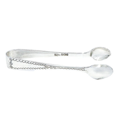 Edwardian cased set of 6 sterling silver tea or coffee spoons with sugar tongs