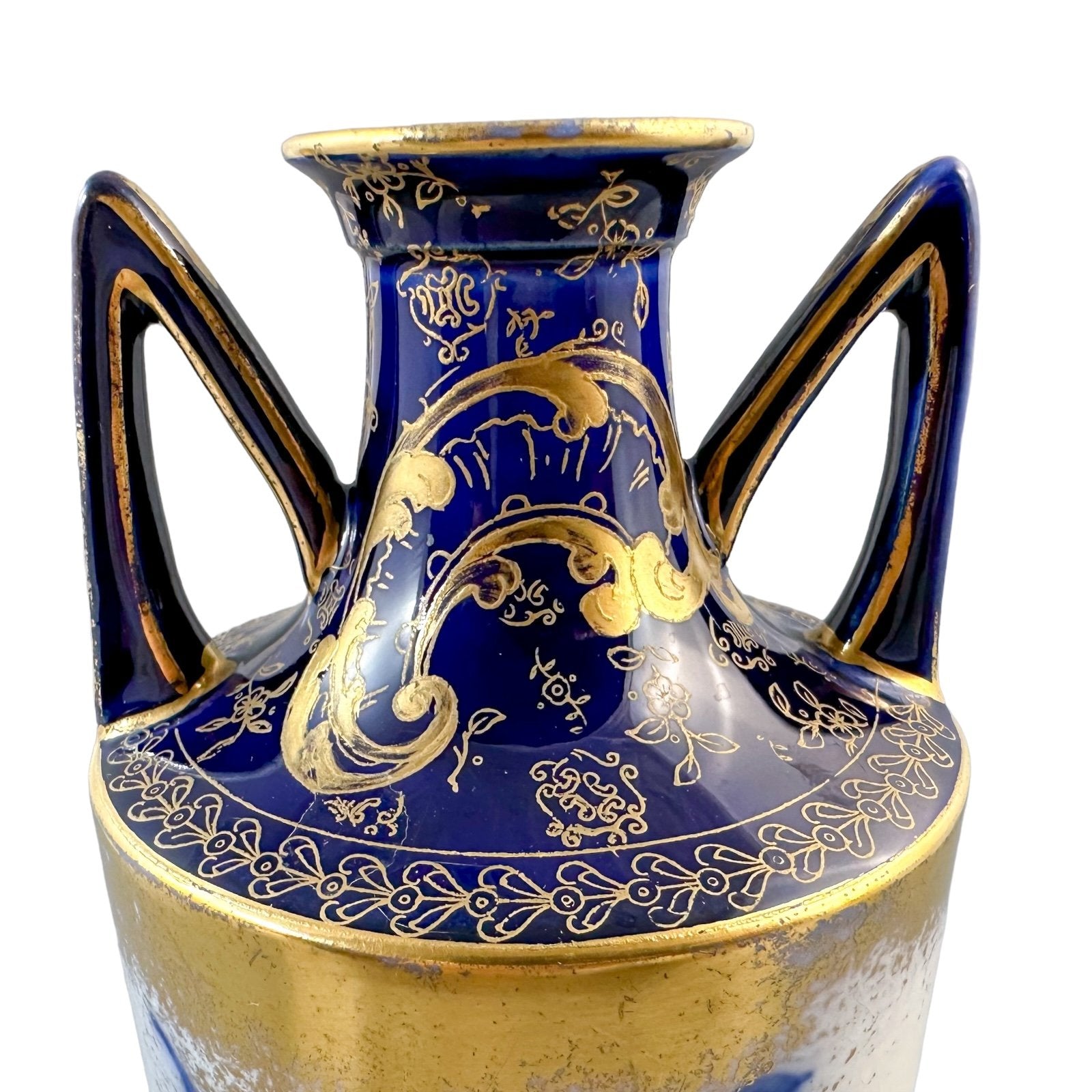 Victorian Royal Doulton two handled Art Nouveau cobalt urn vase in Blue Daffodil pattern