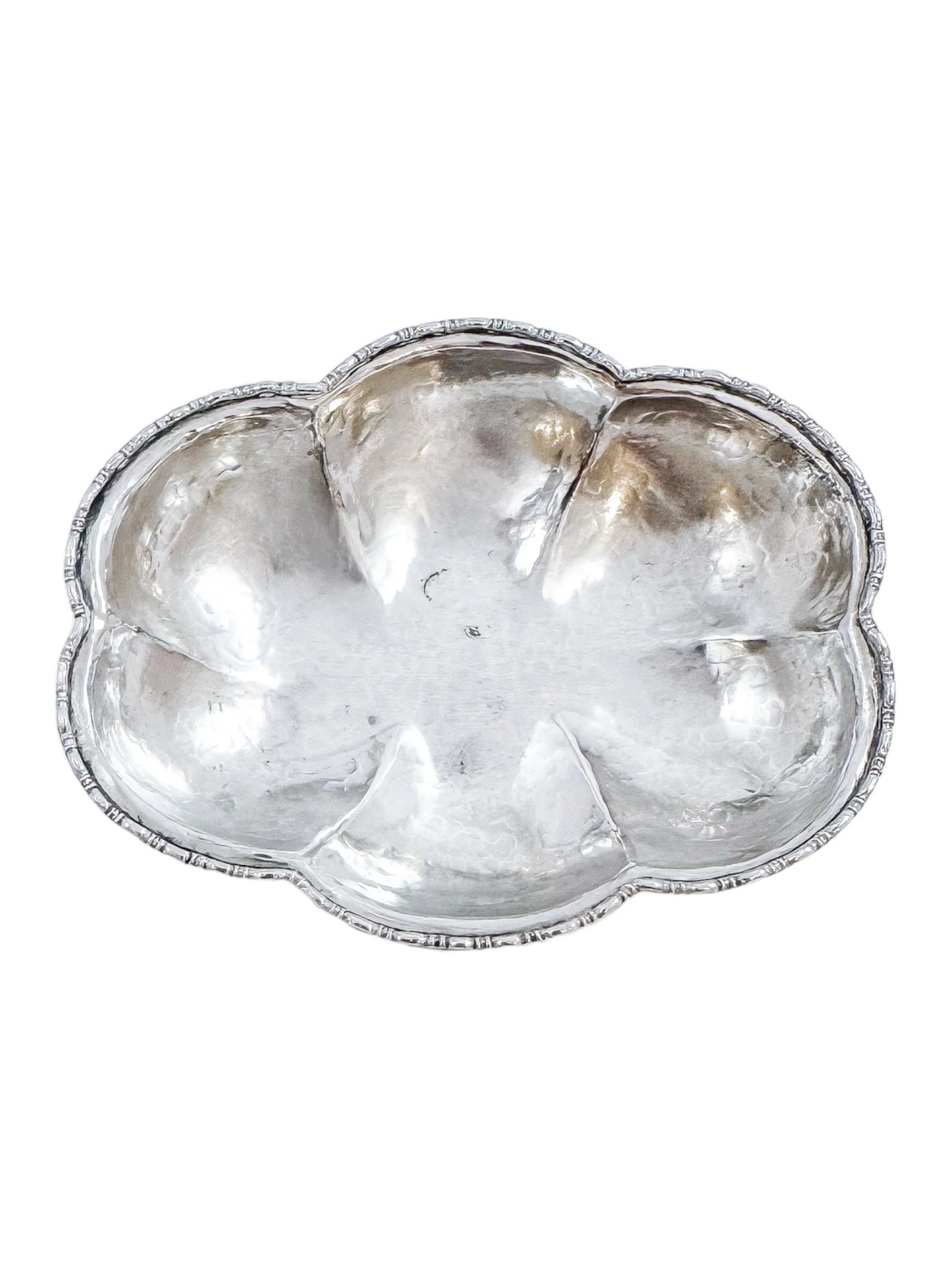 Victorian hand-hammered silver lobed hexagonal sweetmeat bowl / bonbon dish