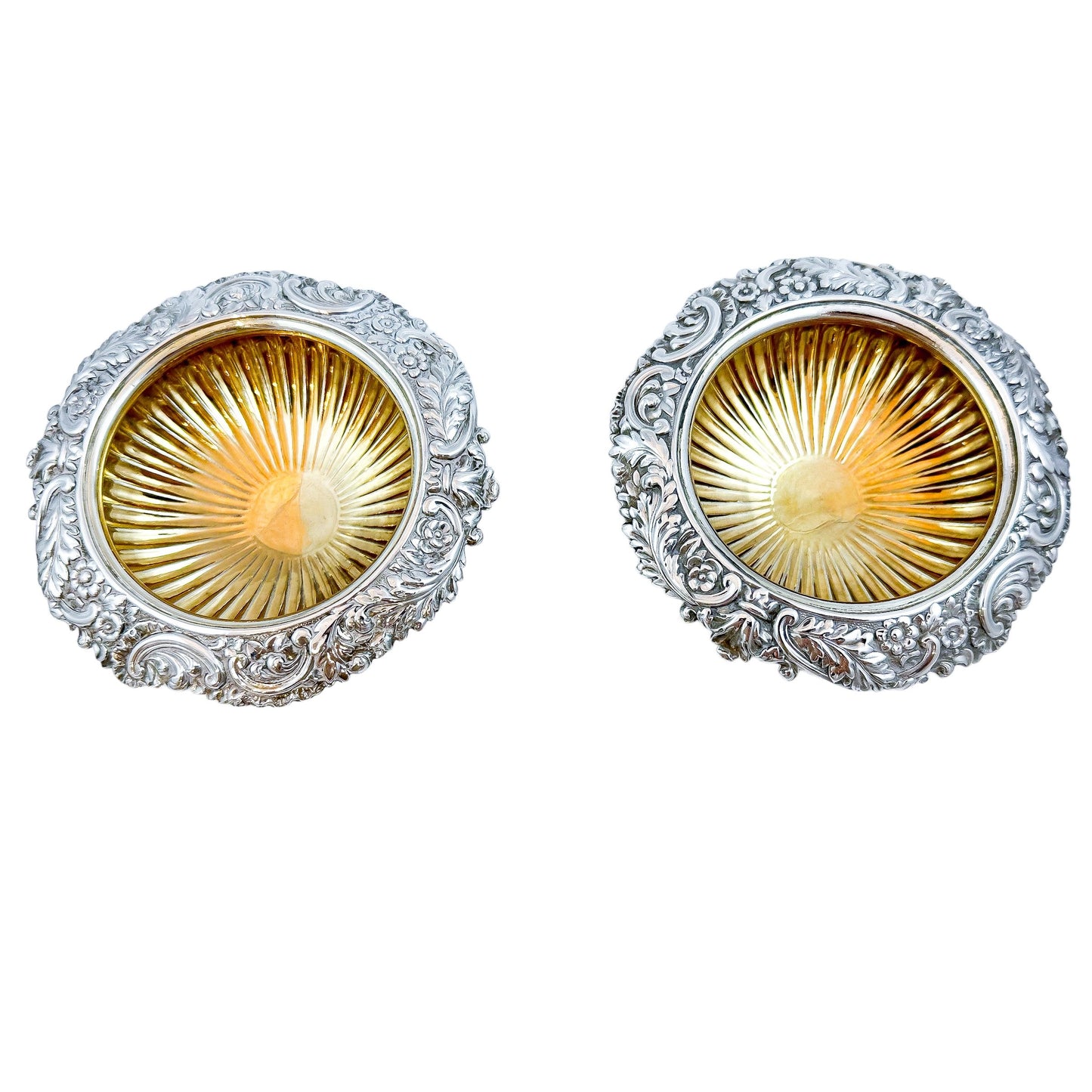 Pair of George III sterling silver gilt pedestal open salts, Rebecca Emes (rare woman silversmith)