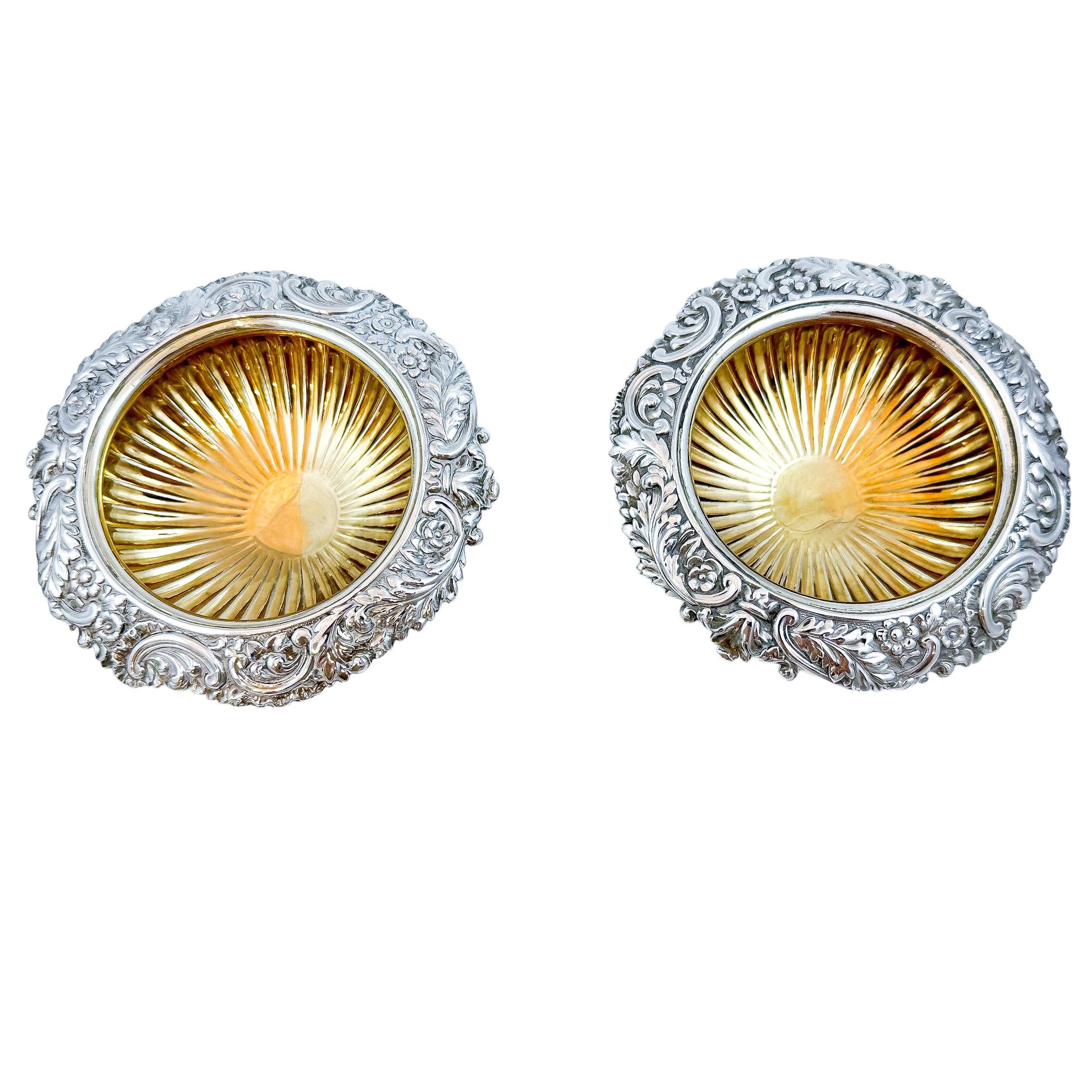 Pair of George III sterling silver gilt pedestal open salts, Rebecca Emes (rare woman silversmith)